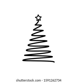 Christmas tree. Line draw scribbled stylized element. Decoration elements collection, holiday monochrome sign isolated on white. Vector illustration. Template for laser plotter cutting, printing