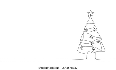 Christmas tree line drawing, continuous line drawing of pine, Christmas or New Year decoration, Contour sketch of Christmas tree, minimalist Christmas tree in single line style vector illustration
