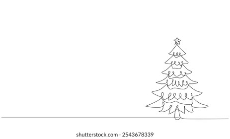 Christmas tree line drawing, continuous line drawing of pine, Christmas or New Year decoration, Contour sketch of Christmas tree, minimalist Christmas tree in single line style vector illustration