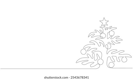 Desenho de linha de árvore de Natal, desenho de linha contínua de pinho, decoração de Natal ou Ano Novo, esboço de contorno da árvore de Natal, árvore de Natal minimalista em ilustração de vetor de estilo de linha única