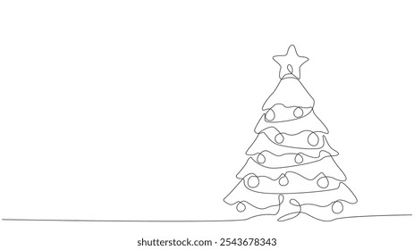 Desenho de linha de árvore de Natal, desenho de linha contínua de pinho, decoração de Natal ou Ano Novo, esboço de contorno da árvore de Natal, árvore de Natal minimalista em ilustração de vetor de estilo de linha única