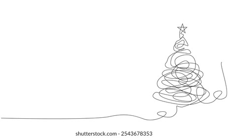 Christmas tree line drawing, continuous line drawing of pine, Christmas or New Year decoration, Contour sketch of Christmas tree, minimalist Christmas tree in single line style vector illustration