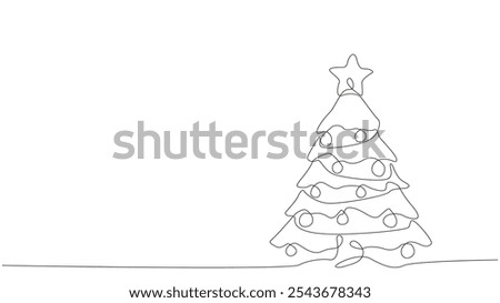 Christmas tree line drawing, continuous line drawing of pine, Christmas or New Year decoration, Contour sketch of Christmas tree, minimalist Christmas tree in single line style vector illustration