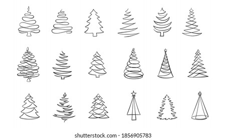 Christmas Tree Line Drawing. Fir Tree Symbol, Vector Icon. Holiday Design Elements Isolated On White. Simple Shape Concept. For Winter Season Cards, New Year Party Posters And Banners.