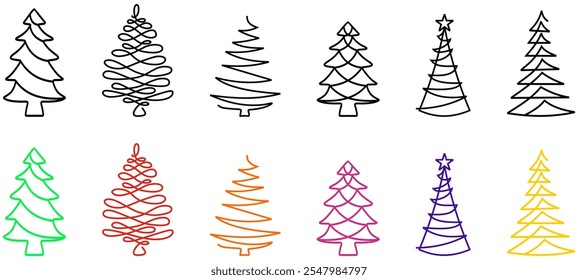 Christmas tree line drawing. Fir tree symbol, vector icon. Holiday design elements isolated on white. Simple shape concept. For winter season cards, New year party posters and banners