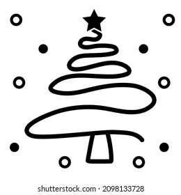 Icono de dibujo de la línea de árbol de Navidad vectorial con iconos de nieve.