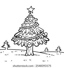 Árvore de Natal, desenho de linha, ilustração vetorial