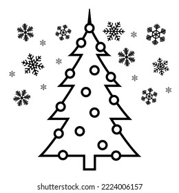 Christmas tree line icon. Evergreen pine, fir or spruce tree decorated with Christmas toys. Vector Illustration