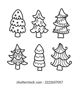 Christmas tree line icon isolated on white, decorated outline of coniferous trees logo illustration
