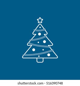 Christmas Tree Line Icon On Blue Background