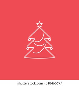 Christmas Tree Line Icon On Red Background