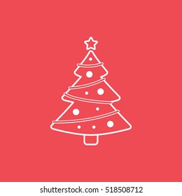 Christmas Tree Line Icon On Red Background