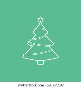 Christmas Tree Line Icon On Green Background