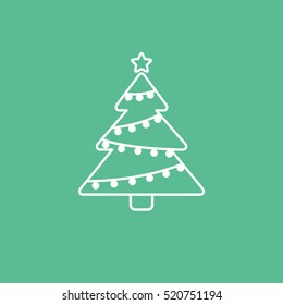 Christmas Tree Line Icon On Green Background