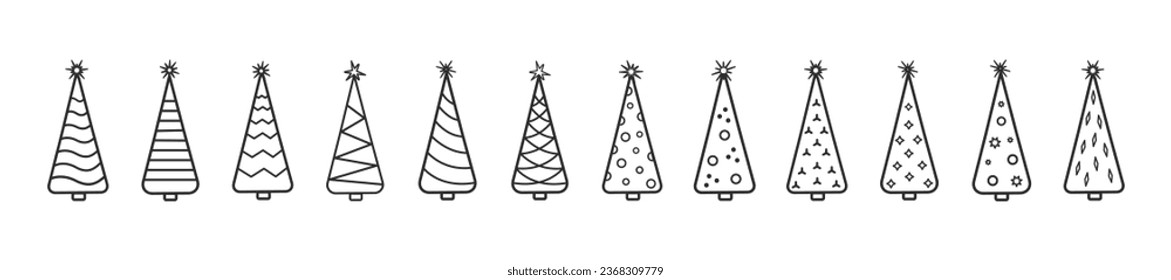 Juego de iconos de la línea de árbol de Navidad. Forma geométrica.
