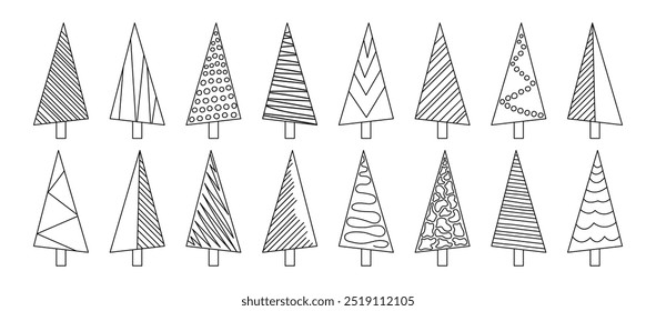 Christmas tree line icon, winter doodle set, simple fir hand drawn geometric shape. Black silhouettes pine outline design. New Year and Xmas element. Minimalist scribble. Holiday vector illustration