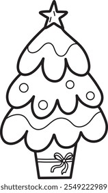 Weihnachtsbaum. Weihnachtszeile Illustration. Fette und einfache Malvorlage. Weihnachtskunst im Doodle-Stil.