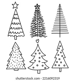 Christmas tree line illustration set, winter line art vector, christmas decoration element collection, minimalist line tree vector, tree fir clipart