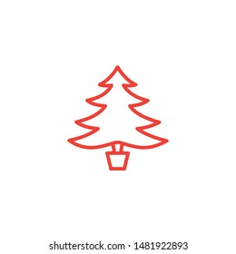 Christmas Tree Line Red Icon On White Background. Red Flat Style Vector Illustration.