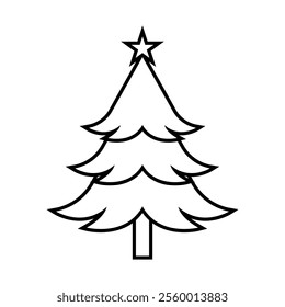 Christmas tree line style icon with a star. Hand drawn xmas tree decorative element vector illustration