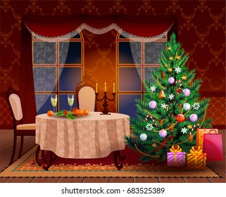 Christmas tree in the living room and a festive table with candles. New year decorated interior.
