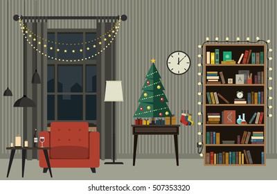 Christmas tree in living room with furniture in flat style. Vector interior of  living room with Christmas tree, gifts and garlands.