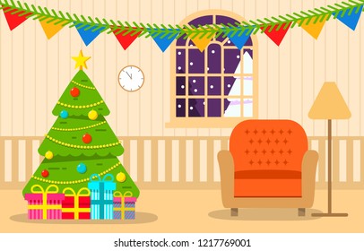 Christmas tree living room with gifts.Happy new year. Holiday scene winter Greeting card concept.Festive card.Gold garland and lights ball.Evergreen pine.Apartment full.Flat vector.