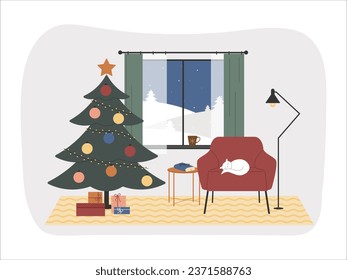 Christmas tree living room interior. Winter holiday area with snowy window. Xmas gift boxes and new year decorations. Snugly cartoon vector scene