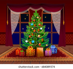 Christmas tree in the living room. Spruce and gifts. New year decorated interior.