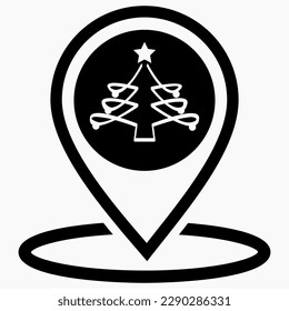 Christmas tree location icon. Place of Christmas market. Place on the map of Christmas trees. Vector icon.