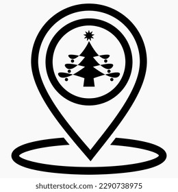 Christmas tree location icon. Place of Christmas market. Place on the map of Christmas trees. Vector icon.