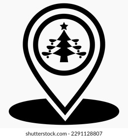 Christmas tree location icon. Place of Christmas market. Place on the map of Christmas trees. Vector icon.