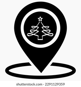 Christmas tree location icon. Place of Christmas market. Place on the map of Christmas trees. Vector icon.