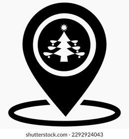 Christmas tree location icon. Place of Christmas market. Place on the map of Christmas trees. Vector icon.