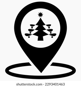 Christmas tree location icon. Place of Christmas market. Place on the map of Christmas trees. Vector icon.