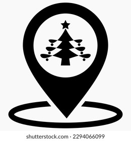 Christmas tree location icon. Place of Christmas market. Place on the map of Christmas trees. Vector icon.