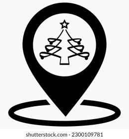 Christmas tree location icon. Place of Christmas market. Place on the map of Christmas trees. Vector icon.