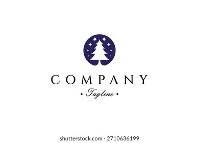 Logotipo del árbol de Navidad con una forma circular decorada con estrellas en un estilo de diseño plano