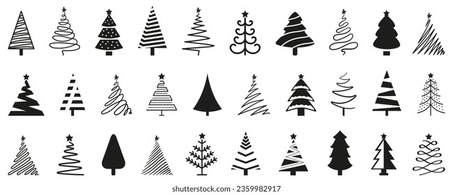 Christmas tree logo collection. Pine, spruce tree icon for Christmas and New Year holiday. Set of various Christmas tree silhouettes