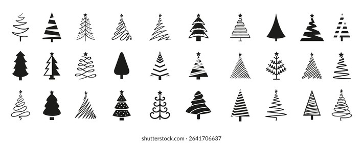 Christmas tree logo collection. Pine, spruce tree icon for Christmas and New Year holiday. Set of various Christmas tree silhouettes
