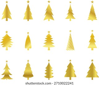 Gradiente dorado del logotipo del árbol de Navidad. Conjunto de ilustración de árbol de Navidad de gradiente de oro, colección de elemento de arte de Clip de vacaciones decorativo. Colección de icono de árbol de Navidad de oro 