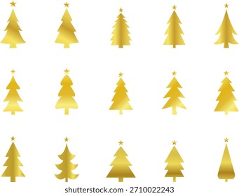 Gradiente dorado del logotipo del árbol de Navidad. Conjunto de ilustración de árbol de Navidad de gradiente de oro, colección de elemento de arte de Clip de vacaciones decorativo. Colección de icono de árbol de Navidad de oro 