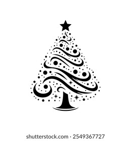 Árvore de Natal modelo de ilustração de vetor de logotipo desenho de mão preto e branco. Ícone de arte do símbolo e sinal de Natal com neve