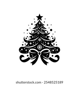 Árbol de Navidad logo Vector emblema diseño ilustración Plantilla dibujar a mano en blanco y negro. Icono del arte del signo y del símbolo de la Navidad