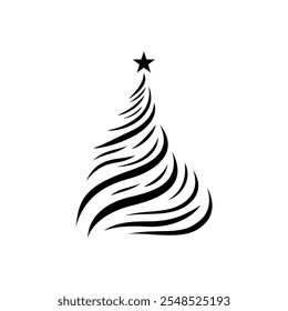 Christmas tree logo vector emblem design illustration template black and white hand draw. Art icon of christmas sign and symbol