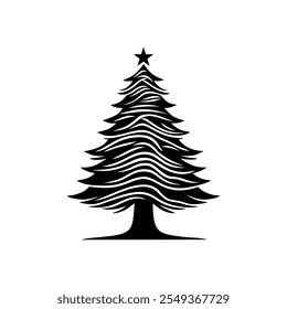 Christmas tree logo vector emblem design illustration template black and white hand draw. Art icon of christmas sign and symbol