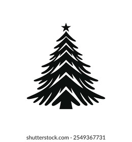 Christmas tree logo vector emblem design illustration template black and white hand draw. Art icon of christmas sign and symbol