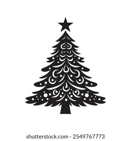 Christmas tree logo vector emblem design illustration template black and white hand draw. Art icon of christmas sign and symbol