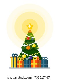 Christmas tree with lots of gift boxes. Flat style vector on white background.