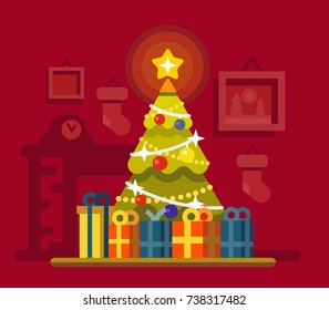 Christmas tree with lots of gift boxes in interior. Flat style vector